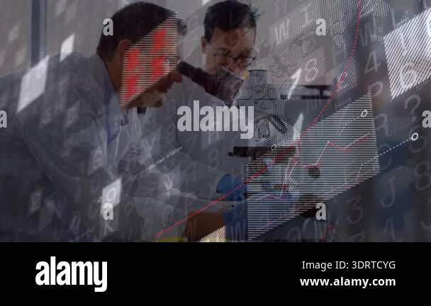 Two scientists placing slide at microscope in lab activating ...