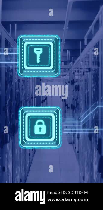 Animation of key and padlock icon and data processing over computer ...