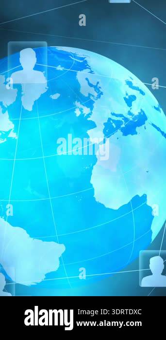 Animation of network of connections with icons over globe. global ...
