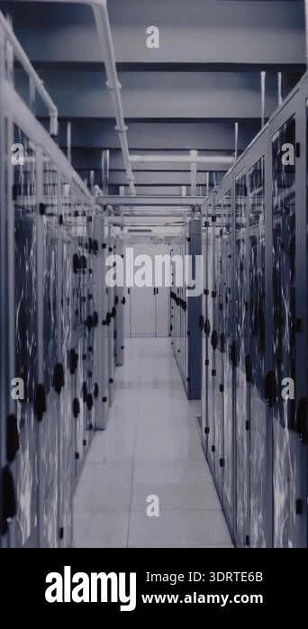 Bar and line graph animation over server racks in data center ...