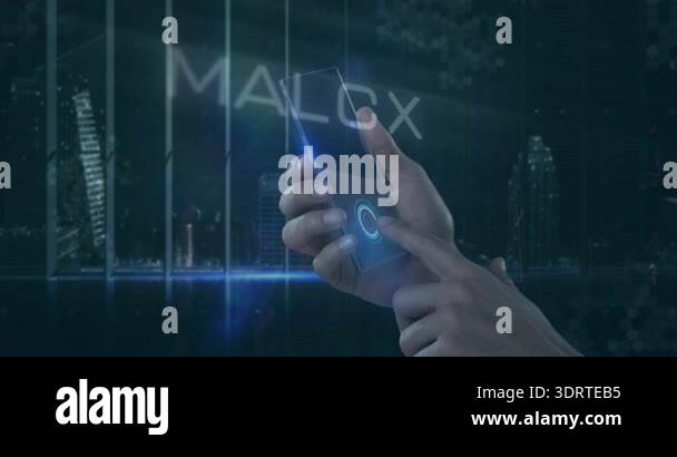 Hand holding smartphone scanning fingerprint, expanding to MALWARE and ...