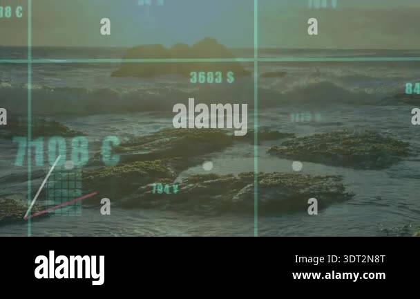 Grid fading over rocky shore, bars rising in sequence lines tracing ...
