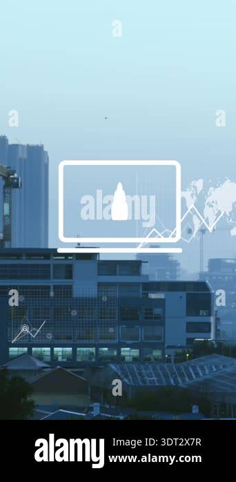 Animation of multiple graphs and map over modern buildings against sky ...