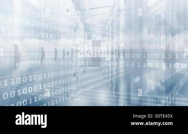 At start cloud binary overlays drifting across server rack aisle ...