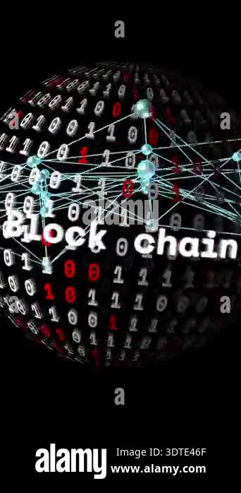 Blockchain and binary code animation over rotating globe with network ...
