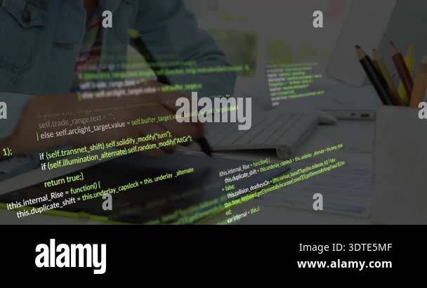 Adult hands placing stylus on tablet initiating code overlays while ...