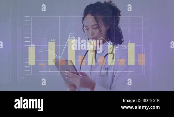 Medical doctor tapping tablet, initiating animated bar charts and ...