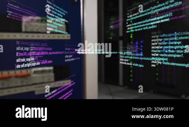 computer screen with code animation over server racks... Camera opening close-up floating code panels over server rack, panning ...