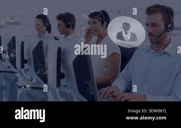 Call center agents on calls as agent moving mic, initiating expanding ...