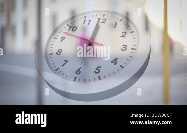faint clock face appearing, second hand sweeping clockwise, pedestrian ...