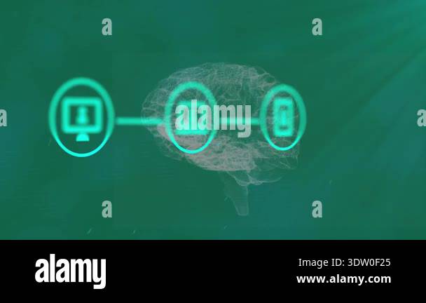 On fade-in 3D brain network appearing, icons linking and highlight ...