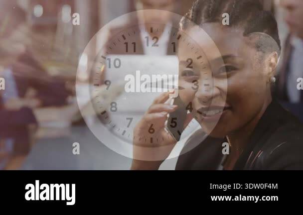 Businesswoman hearing ringing phone with clock tracking hanging up ...