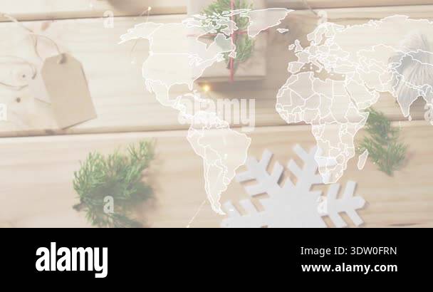 Map outlines fading over gift box, glowing point arcing continents ...