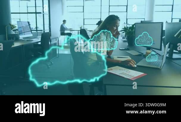 Translucent cloud icon appearing before woman dragging animated data ...