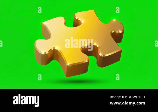A shiny golden puzzle piece floats against a vibrant green screen ...