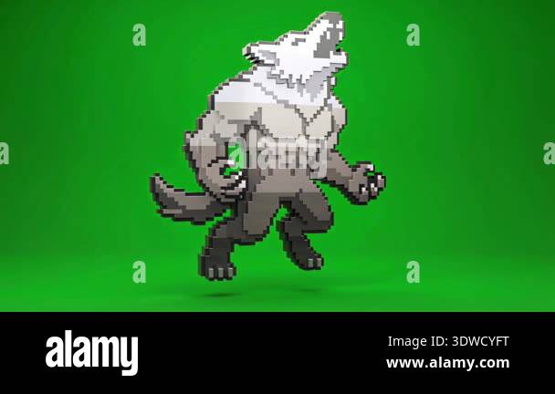 A pixel art animation of a werewolf howling, isolated on a vibrant ...