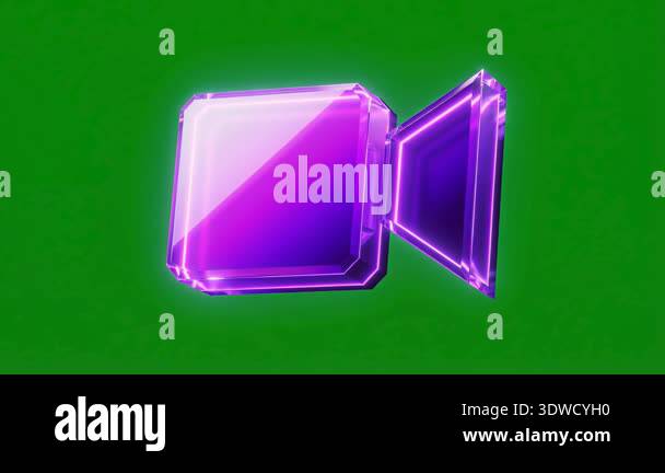 A vibrant purple neon video camera icon glows against a solid green ...