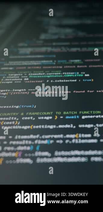 Computer programming code scrolls vertically on a dark monitor screen ...