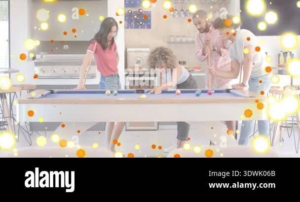 Player taking pool table shot and activating animated score display ...
