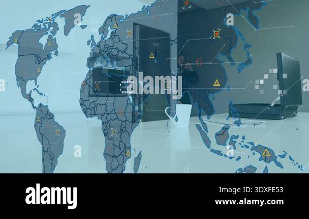 Businessman approaching kitchen responding to world map alerts by ...