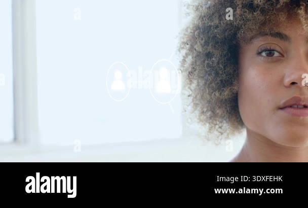 Woman smiling as circle appearing on cheek, user network expanding with ...