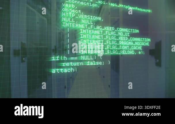 green code overlay appearing and scrolling upward revealing HTTP loop ...