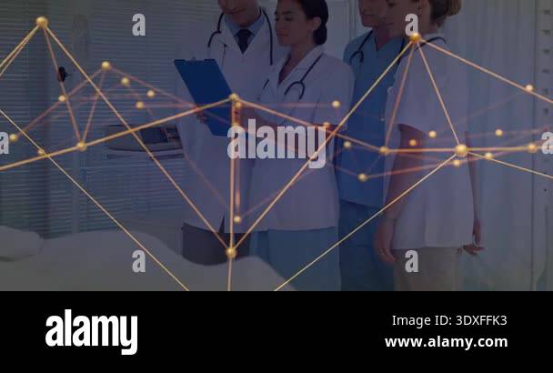 Medical team reviewing clipboard patient data and animating network ...