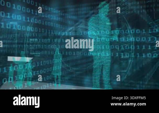 Scrolling binary code activating UI, male avatar holding tablet, viral ...