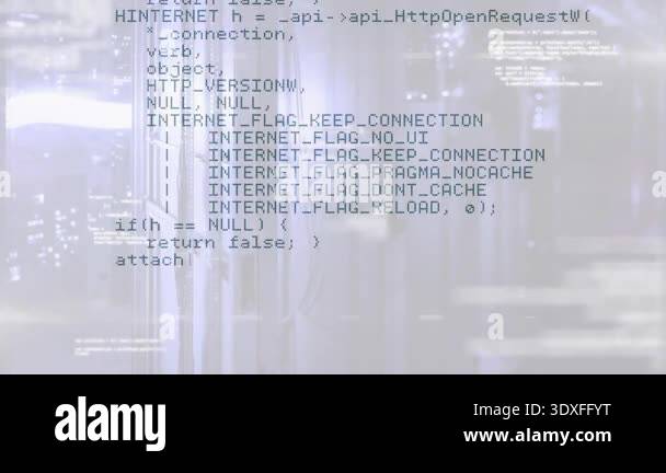 At start, C++ code overlay scrolling over server racks, revealing HTTP ...