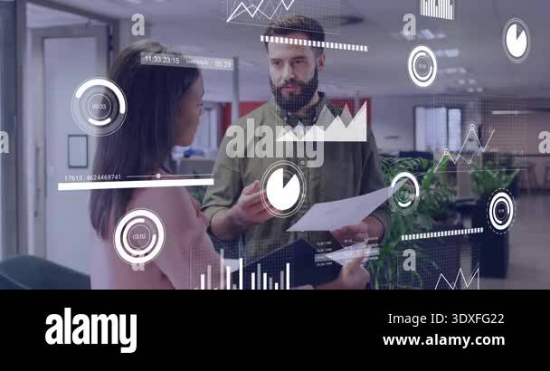 business team exchanging glances starting data talk pointing graph ...