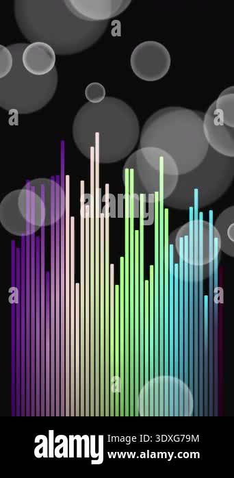 Animated rainbow sound wave bars with bokeh effect on black background ...