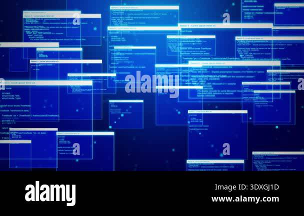 Animated abstract background with floating programming code windows and ...