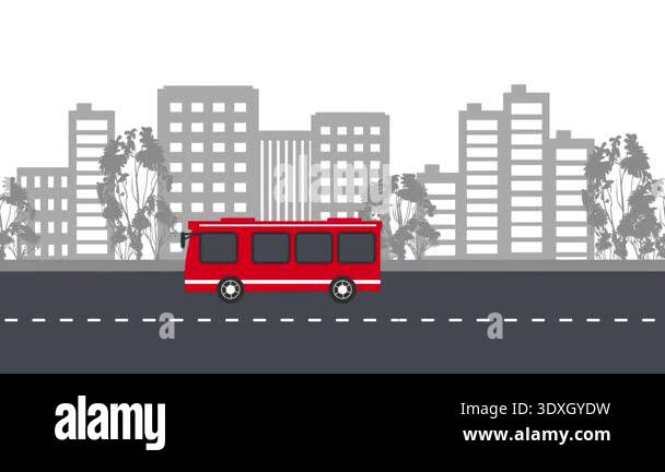 Public Transportation Animation. Red Bus Drives and Picks Up Passengers ...