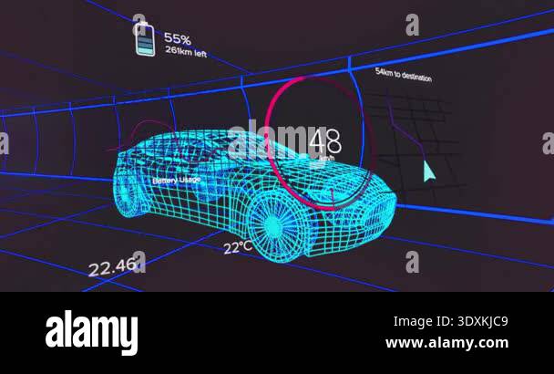 At start wireframe car accelerating with gauge arc rising shrinking ...