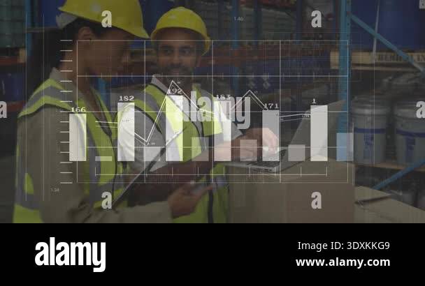 Warehouse worker tapping tablet and launching animated inventory charts ...