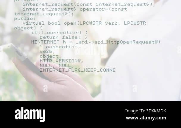 Senior woman tapping tablet screen and scrolling C++ code overlay in ...
