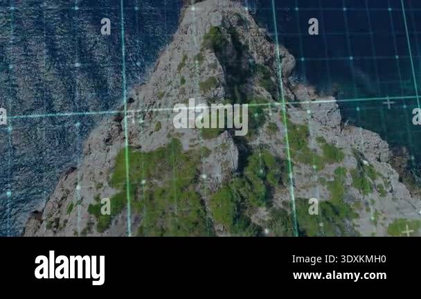 View tilting and zooming tracking promontory as pulsing grid lines ...
