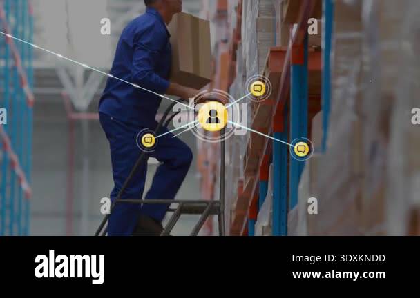 Warehouse worker climbing ladder triggers node network overlaying ...