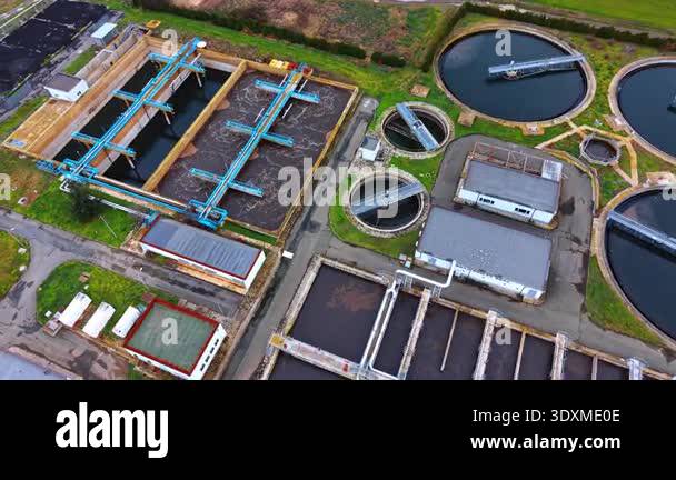 Rectangular Calrifiers High angle view of aeration tanks in treatment plant. Detailed aerial ...