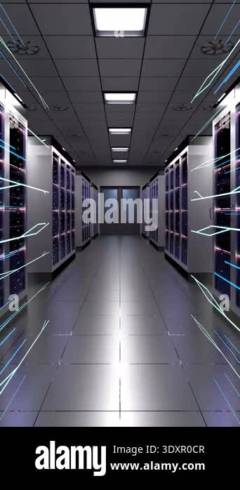 Drive Through Server High Speed Data Transfer through Server Room Corridor - 3d 4k vertical ...