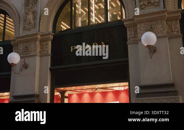 Milan Storefront Led Milan, Italy - 2026, 17 Feb: Prada SS26 storefront glows with elegant ...