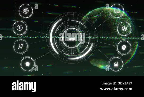 Animation opening on dark void, laptop UI rotating rings streaming data ...