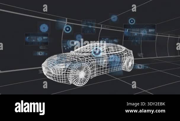 Car Computer Node wireframe sedan center tunnel activating floating data nodes appearing ...
