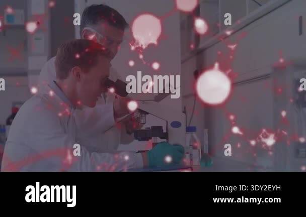 Researcher pipetting under microscope as molecular overlay pulsing for ...