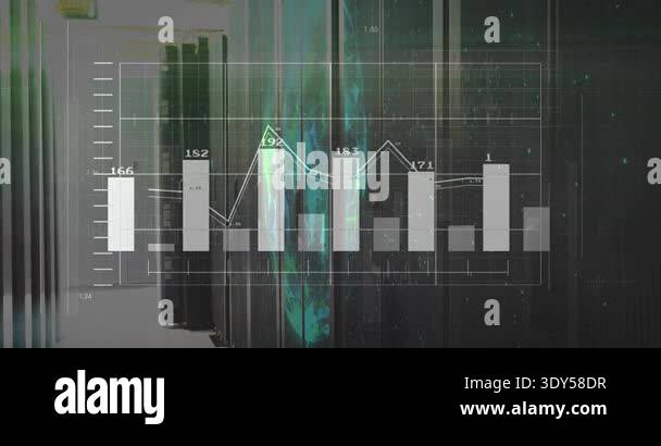 Grid overlay fading, bars rising on racks, scanline sweeping and globe ...