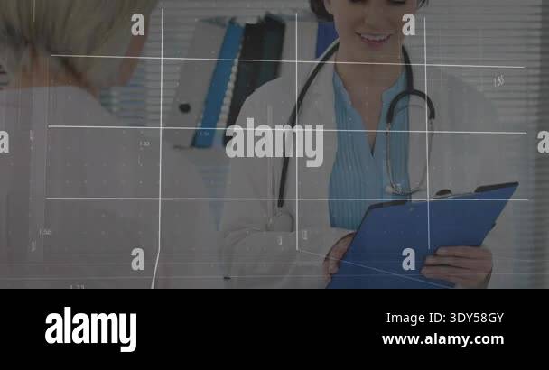 Doctor glancing at clipboard showing health data as 3D grid animating ...