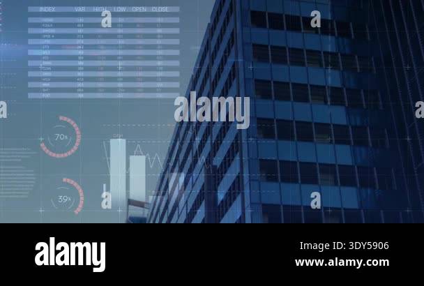 Building facade staying static as financial data overlays animating ...
