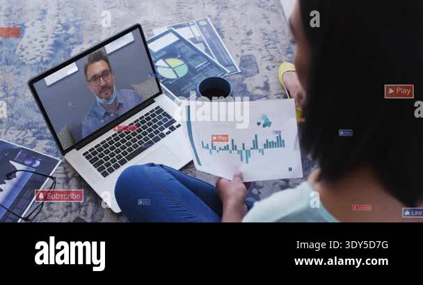 Seated woman reading chart during work call, man speaking as social ...