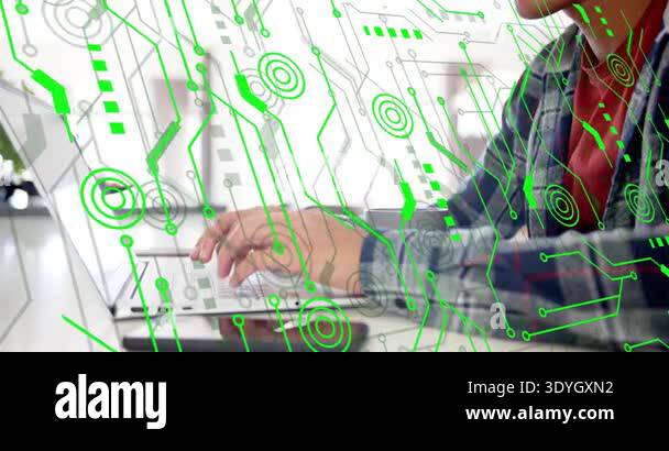 Man placing hands on laptop keyboard, typing data at tech desk, circuit ...