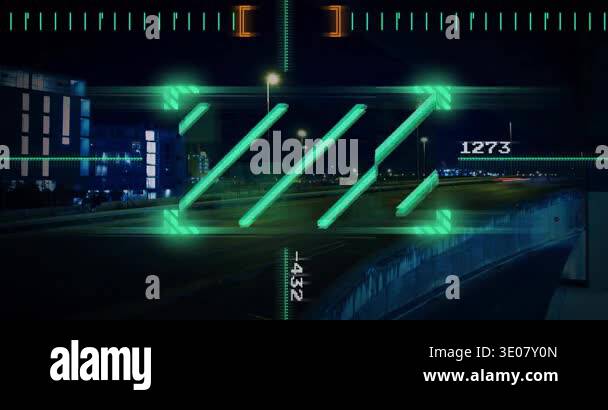 Vehicle light trails initiating green HUD scanning, bars shrinking and ...